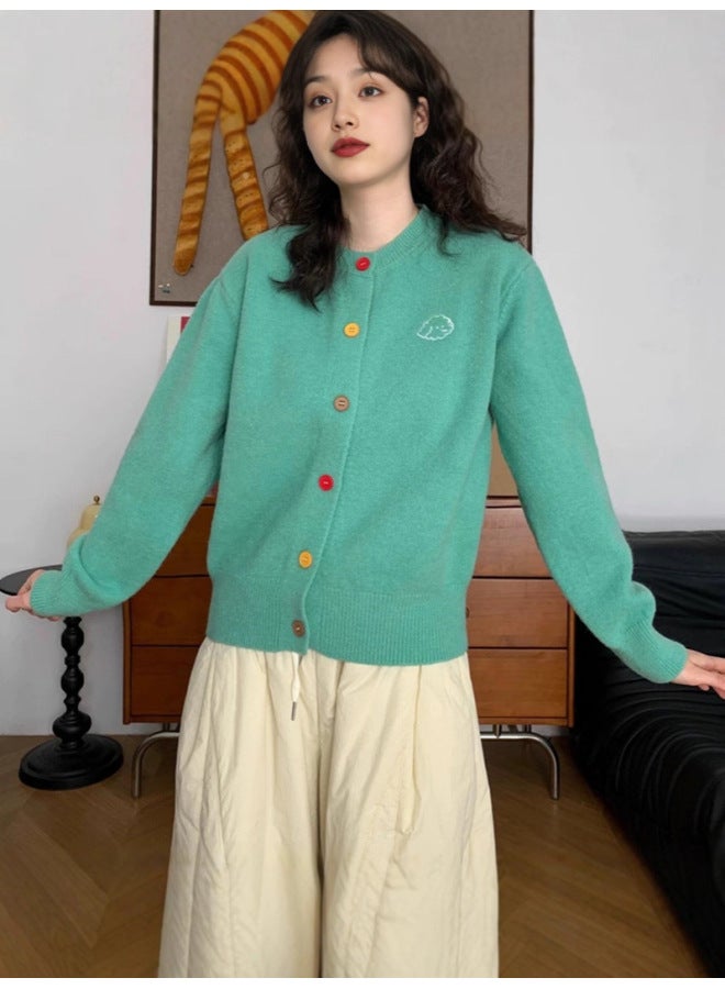 Leyuan Autumn And Winter Retro Embroidered Colored Button Round Neck Knitted Cardigan Top Long Sleeves Loose Casual Women's Sweater Coat - Image 2