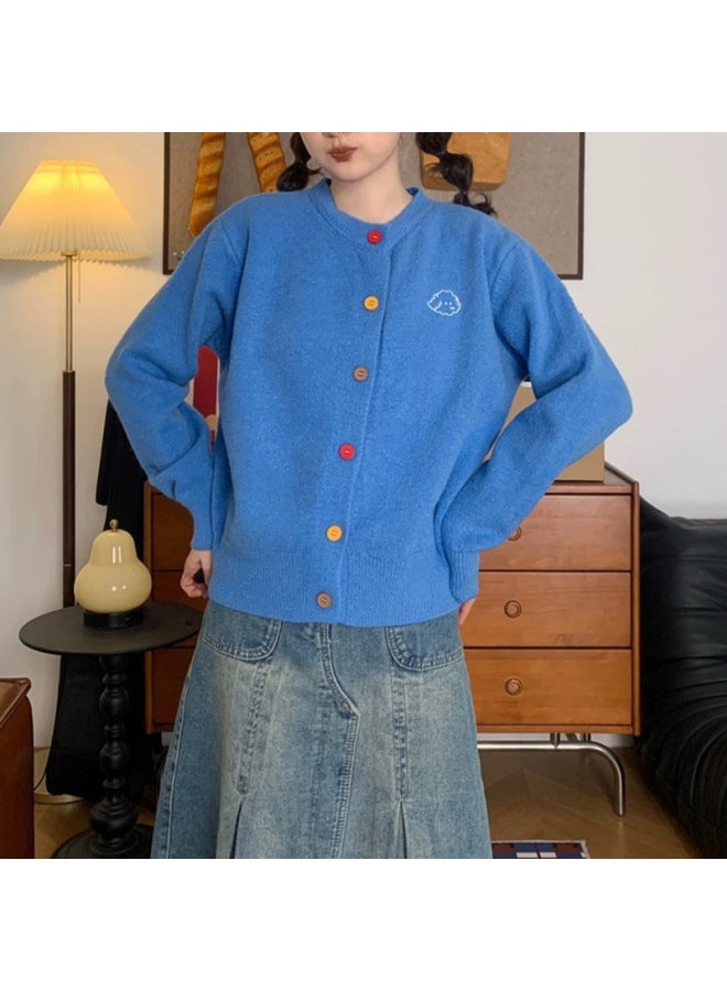 Leyuan Autumn And Winter Retro Embroidered Colored Button Round Neck Knitted Cardigan Top Long Sleeves Loose Casual Women's Sweater Coat - Image 1