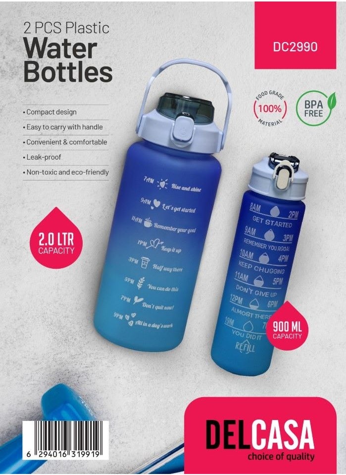 Delcasa Plastic Water Bottle DC2990 Pack of 2, 2.0 L & 900 ML, Plastic Bottle with Volume Tracker and Push Button Mechanism