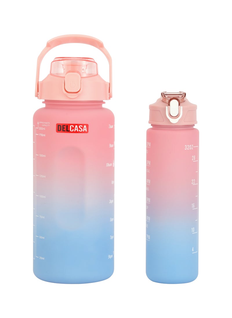 Delcasa Plastic Water Bottle DC2990 Pack of 2, 2.0 L & 900 ML, Plastic Bottle with Volume Tracker and Push Button Mechanism