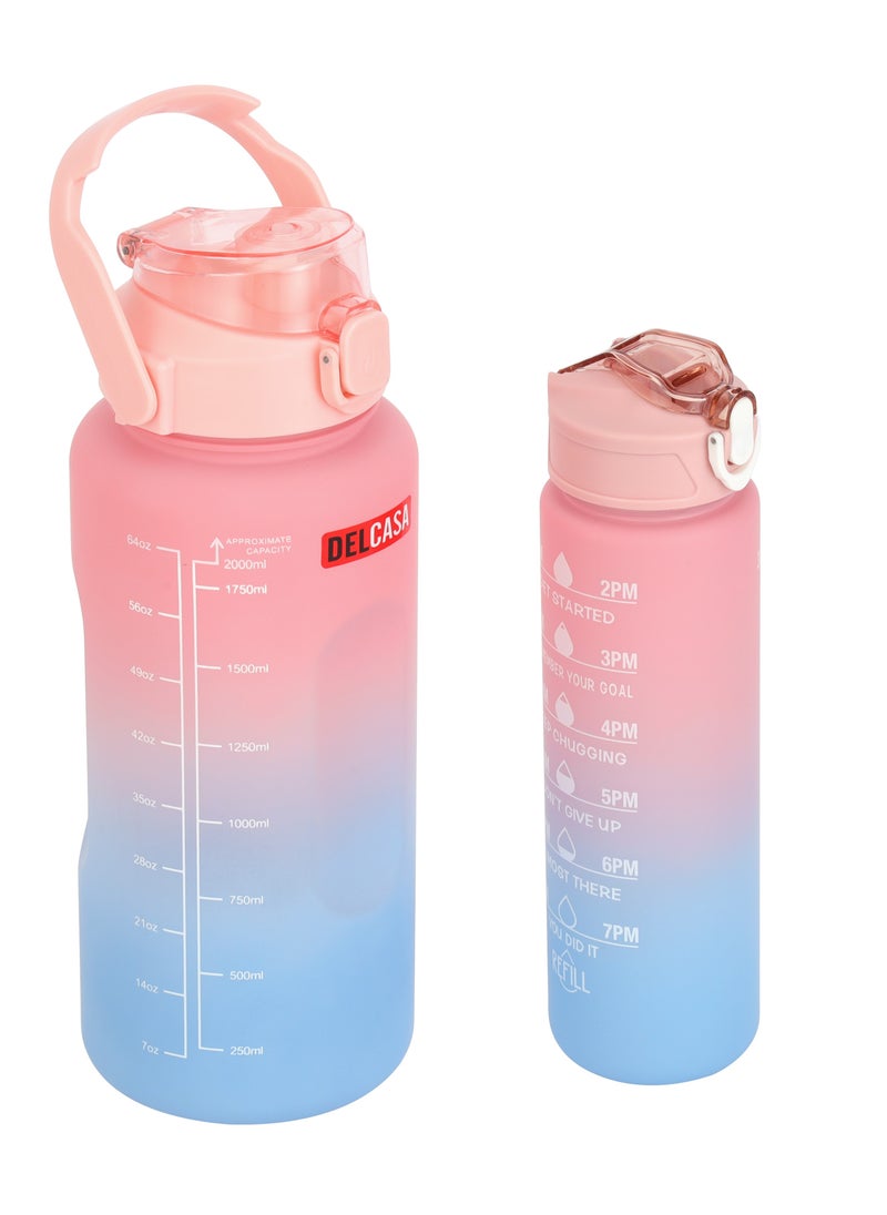 Delcasa Plastic Water Bottle DC2990 Pack of 2, 2.0 L & 900 ML, Plastic Bottle with Volume Tracker and Push Button Mechanism