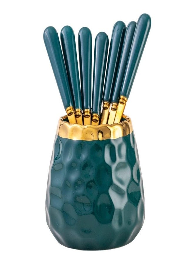 KAPO Golden Spoon & Fork Set for Coffee, Dessert, Salad, Fruit, Cake, Ice Cream Cutlery Set - 3 Spoon & 3 Fork - 1 Ceramic Mug (Golden and Green Colour) - Image 1