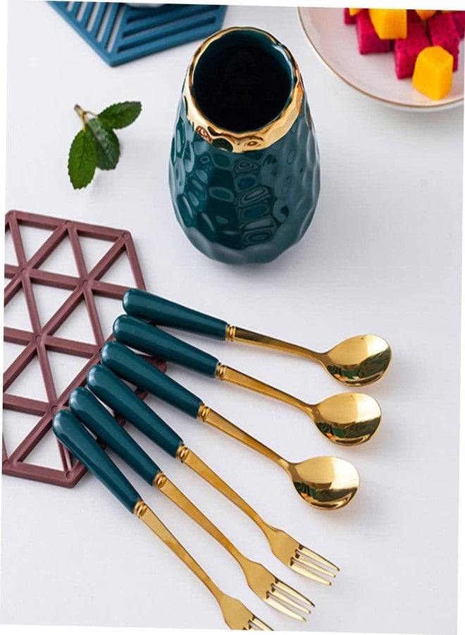 KAPO Golden Spoon & Fork Set for Coffee, Dessert, Salad, Fruit, Cake, Ice Cream Cutlery Set - 3 Spoon & 3 Fork - 1 Ceramic Mug (Golden and Green Colour) - Image 5