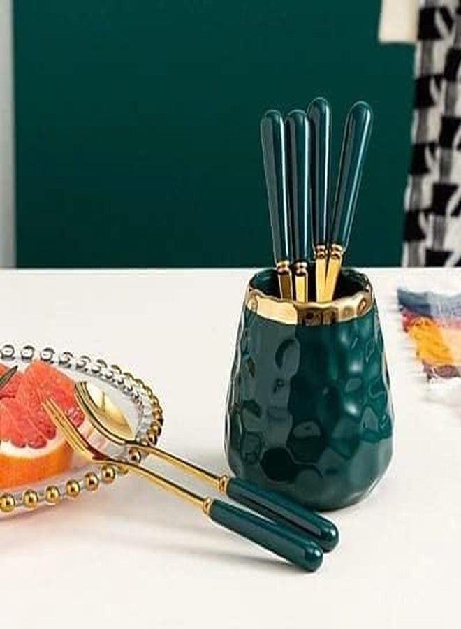 KAPO Golden Spoon & Fork Set for Coffee, Dessert, Salad, Fruit, Cake, Ice Cream Cutlery Set - 3 Spoon & 3 Fork - 1 Ceramic Mug (Golden and Green Colour) - Image 4