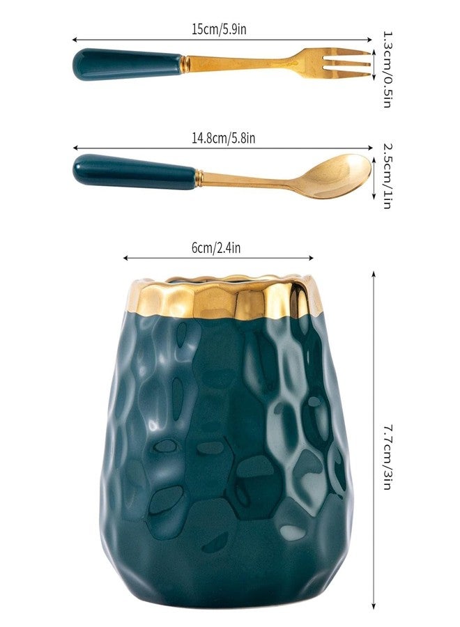 KAPO Golden Spoon & Fork Set for Coffee, Dessert, Salad, Fruit, Cake, Ice Cream Cutlery Set - 3 Spoon & 3 Fork - 1 Ceramic Mug (Golden and Green Colour) - Image 2
