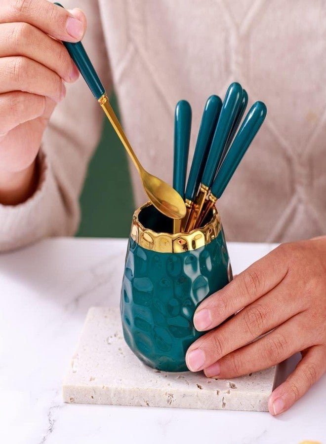 KAPO Golden Spoon & Fork Set for Coffee, Dessert, Salad, Fruit, Cake, Ice Cream Cutlery Set - 3 Spoon & 3 Fork - 1 Ceramic Mug (Golden and Green Colour) - Image 3