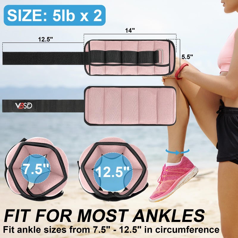 VBSD Adjustable Ankle Weights for Men Women, 10lb 1 Pair Leg Weight Straps, Weighted Ankle Weights Set for Gym, Yoga, Jogging, Walking, Aerobics, 1-5 lbs Each Ankle, 1 Pair 2-10 lbs, Pink - Image 2