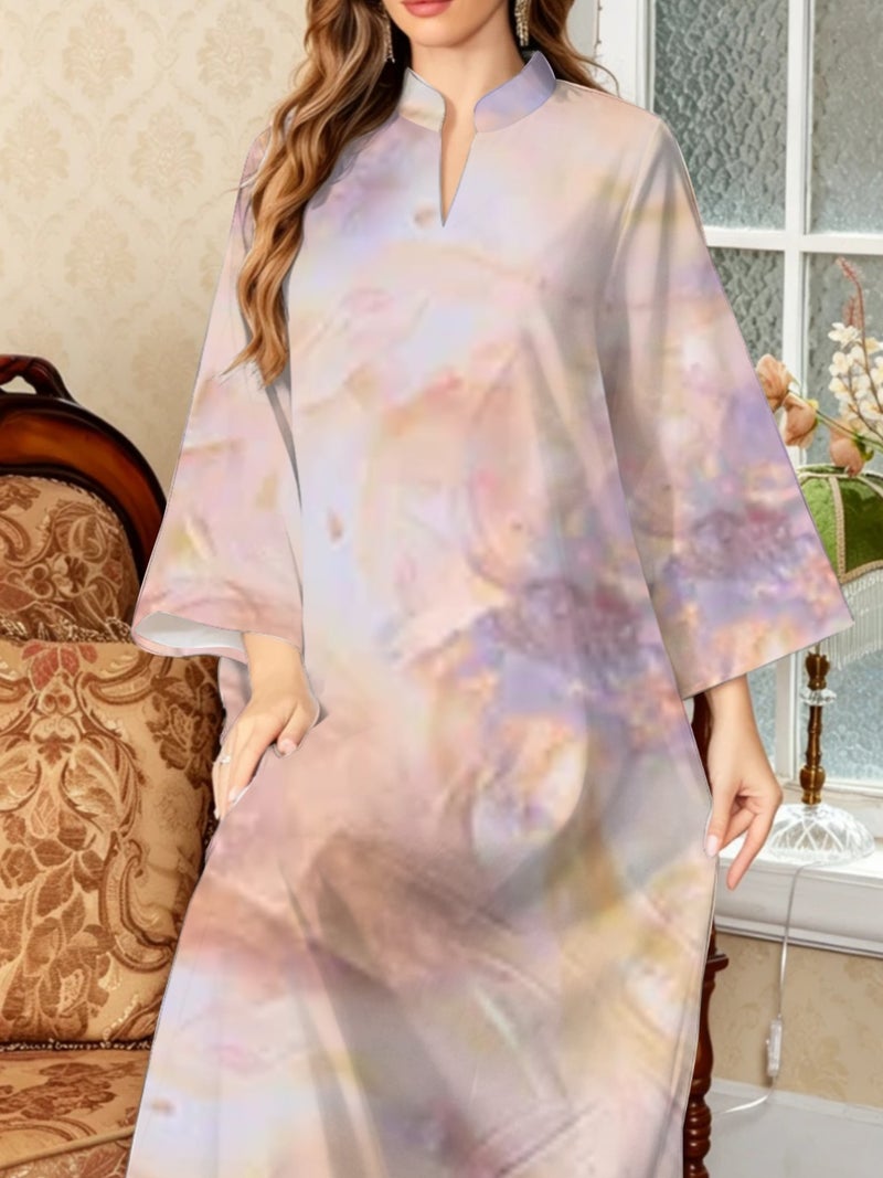 Pastel Iridescent Marble Gradient Print Flare‑Sleeve Loose Abaya - Image 5