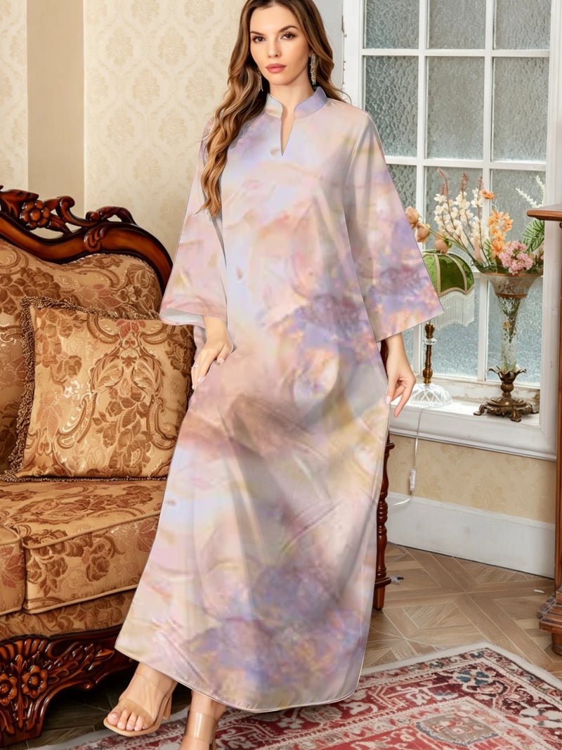 Pastel Iridescent Marble Gradient Print Flare‑Sleeve Loose Abaya - Image 3