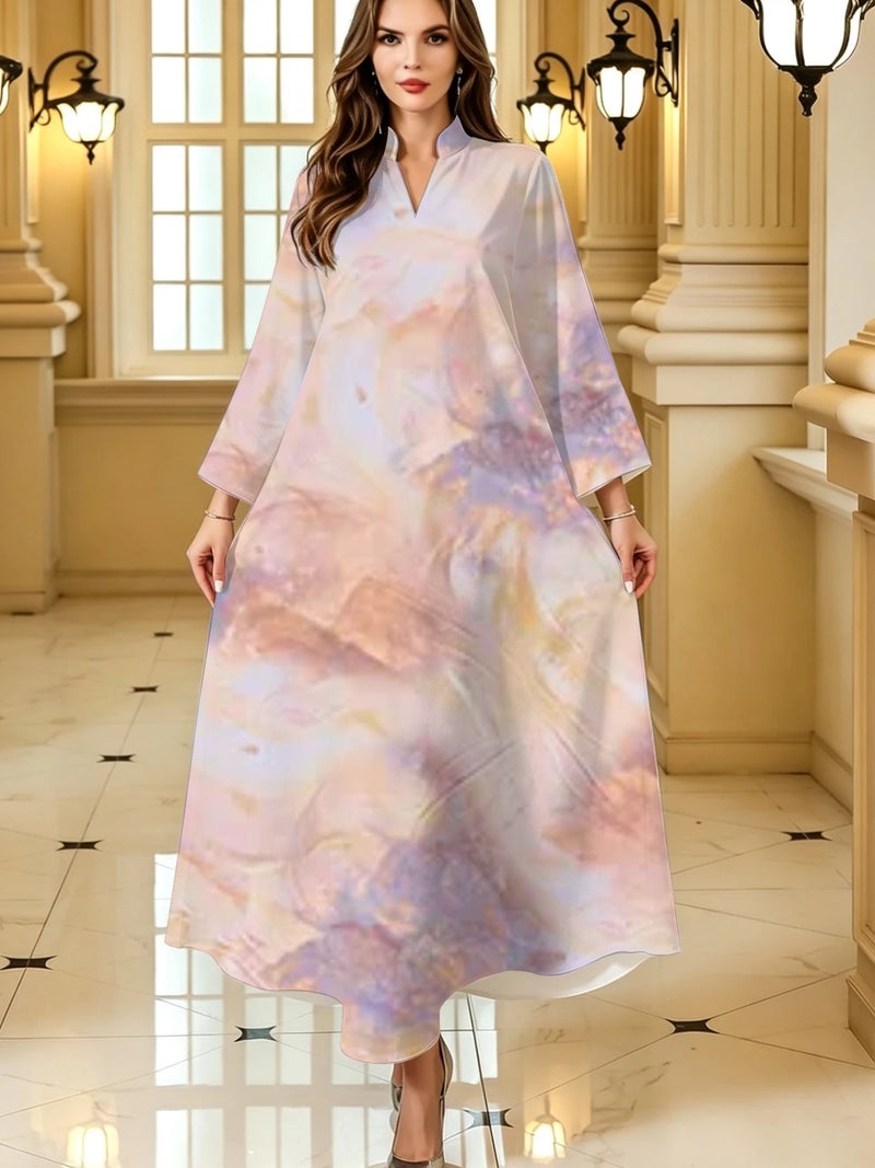 Pastel Iridescent Marble Gradient Print Flare‑Sleeve Loose Abaya - Image 1