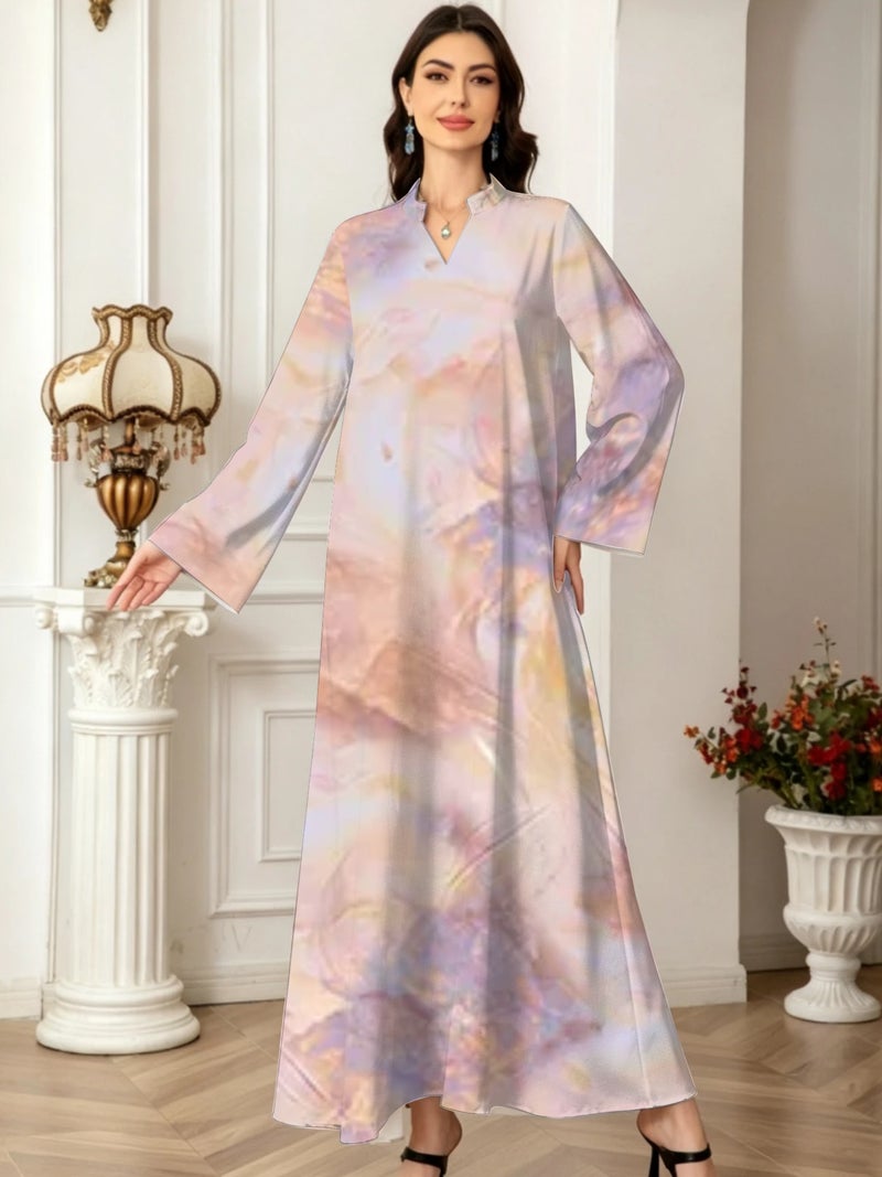 Pastel Iridescent Marble Gradient Print Flare‑Sleeve Loose Abaya - Image 2
