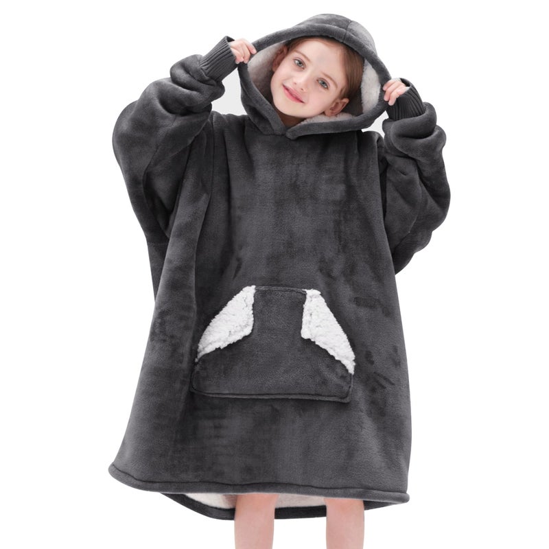 Touchat Kids Wearable Blanket Hoodie Oversized Sherpa Blanket Sweatshirt with Hood Pocket and Sleeves Super Soft Warm Plush Hooded Blanket for Kids One Size Fits All Grey