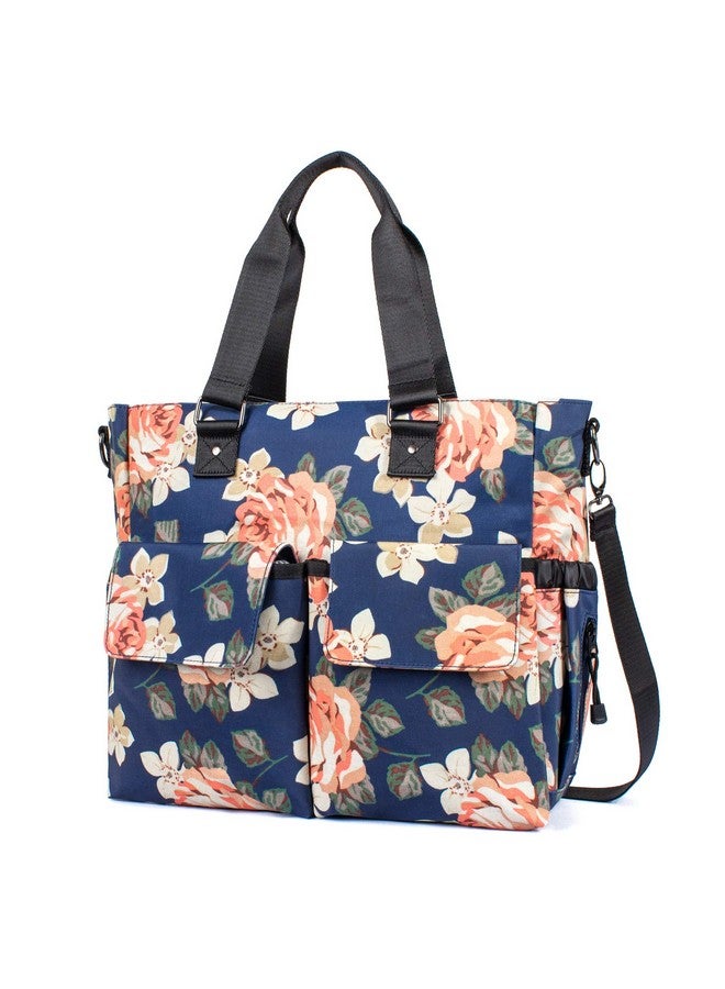H HIKKER-LINK H HIKKER-LINK Womens Large Floral Waterproof Diaper Bag Weekend Bags Handbag for Mom Tote Bag Changing Pad Dark Blue  - Image 2