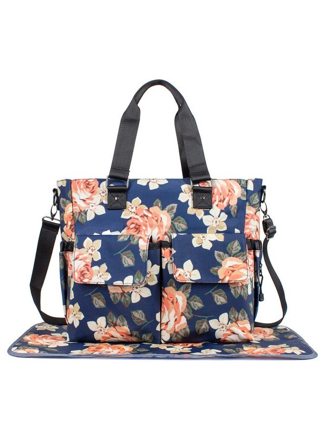 H HIKKER-LINK H HIKKER-LINK Womens Large Floral Waterproof Diaper Bag Weekend Bags Handbag for Mom Tote Bag Changing Pad Dark Blue  - Image 1