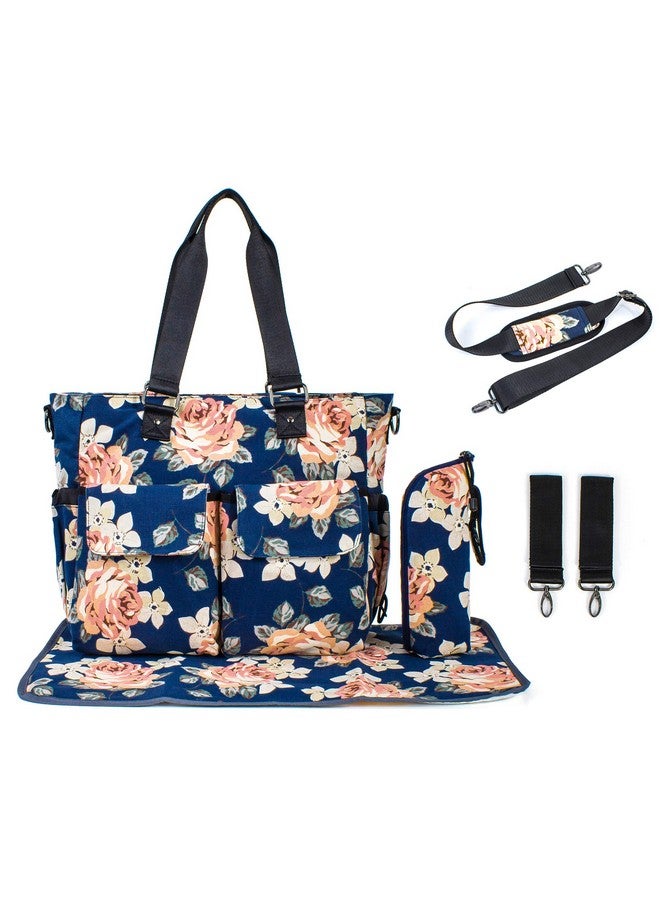 H HIKKER-LINK H HIKKER-LINK Womens Large Floral Waterproof Diaper Bag Weekend Bags Handbag for Mom Tote Bag Changing Pad Dark Blue  - Image 3
