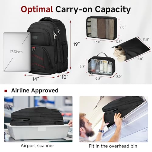 Vessgra Backpack for Men 45L Rolling Backpack, 17.3 Inch Travel Backpack, 4-Wheel Spinner Design Laptop Backpack for Men Work Business,Black (1Pc Black Backpack with 3 Packing Cubes) - Image 5