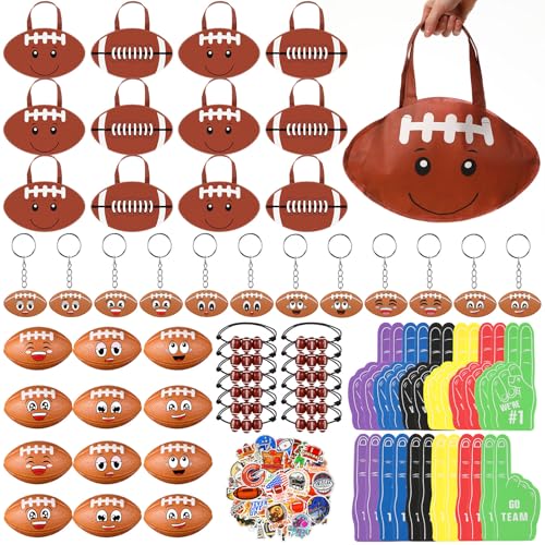 Maxdot 122 Pcs Football Party Favors Set Serve 12 Football Non Woven Goodie Bags Mini Face Stress Foam Finger Ball Keychain Bracelet Stickers bags for Kids Sports Birthday Party Supplies Gifts - Image 1