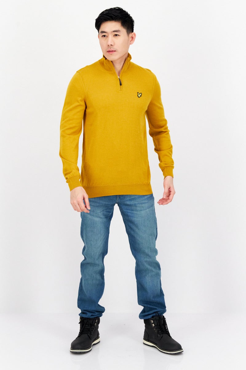 Men Mock Neck Embroidered Logo Knitted Sweater, Mustard