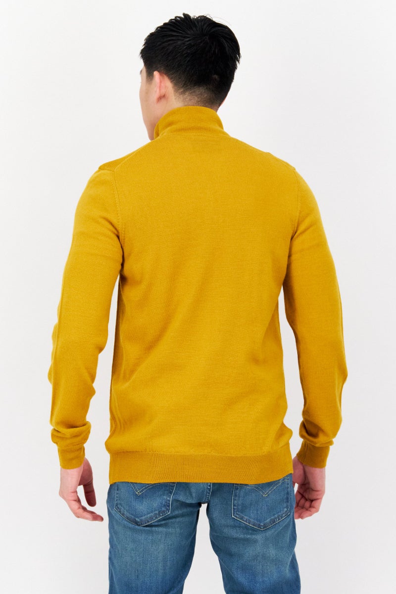 Men Mock Neck Embroidered Logo Knitted Sweater, Mustard