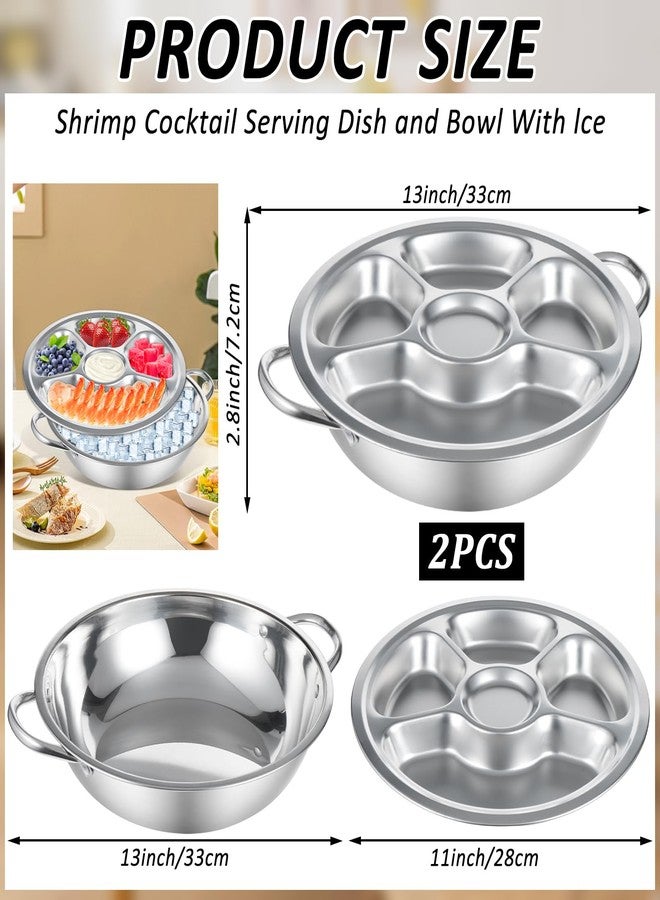 FMOACEN 2 Set Shrimp Cocktail Serving Dish 11 Inch Stainless Steel Dip Chiller Serving Bowl, 2 5-Section Chilled Food Trays 2 Round Plate with Handle for Dinner Buffet Seafood Oysters Crawfish Veggie Fruit - Image 3