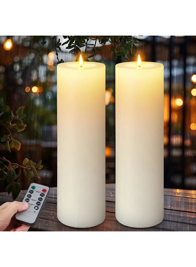 TaoFiaCo شموع خارجية كبيرة 14" × 4"، شموع LED مقاومة للماء بدون لهب مع مؤقت، شموع تعمل بالبطارية مع تحكم عن بعد، عمود مزيف واقعي للحدائق والشرفات، عاج 2 عبوة - Image 1