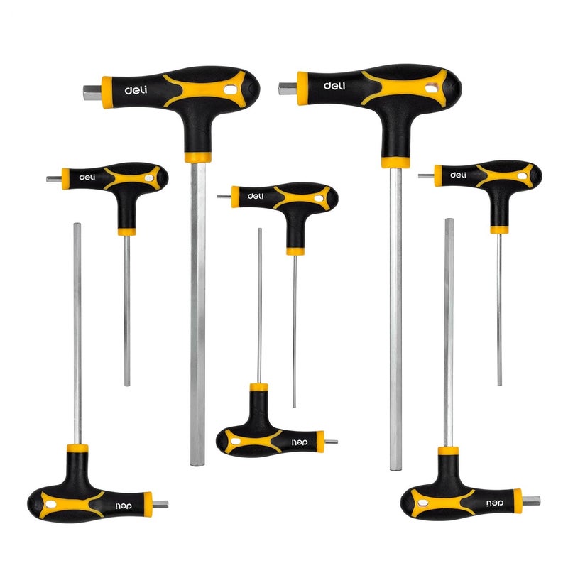 Deli DL233108 TType Flat End Hex Key Set Durable CrV Construction with Plated Surface Corrosion Resistant Normal Length CoatedHandle Universal Applications 8pc Silver - Image 1