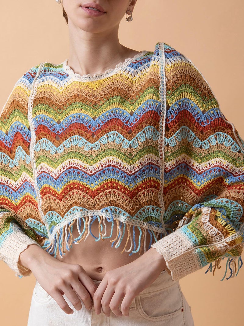 ICW Women Multicolour Hollow Out Batwing Sleeves Crochet Cape Poncho Bohemian Tassel Crop Top Dn13 (Fit to 32-38 Inch Bust) (in, Alpha, S, Regular, Pattern 1) - Image 3