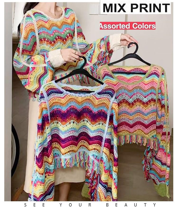 ICW Women Multicolour Hollow Out Batwing Sleeves Crochet Cape Poncho Bohemian Tassel Crop Top Dn13 (Fit to 32-38 Inch Bust) (in, Alpha, S, Regular, Pattern 1) - Image 2