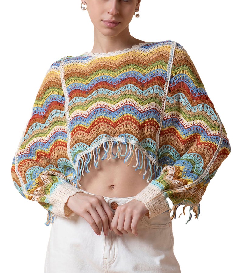 ICW Women Multicolour Hollow Out Batwing Sleeves Crochet Cape Poncho Bohemian Tassel Crop Top Dn13 (Fit to 32-38 Inch Bust) (in, Alpha, S, Regular, Pattern 1) - Image 1