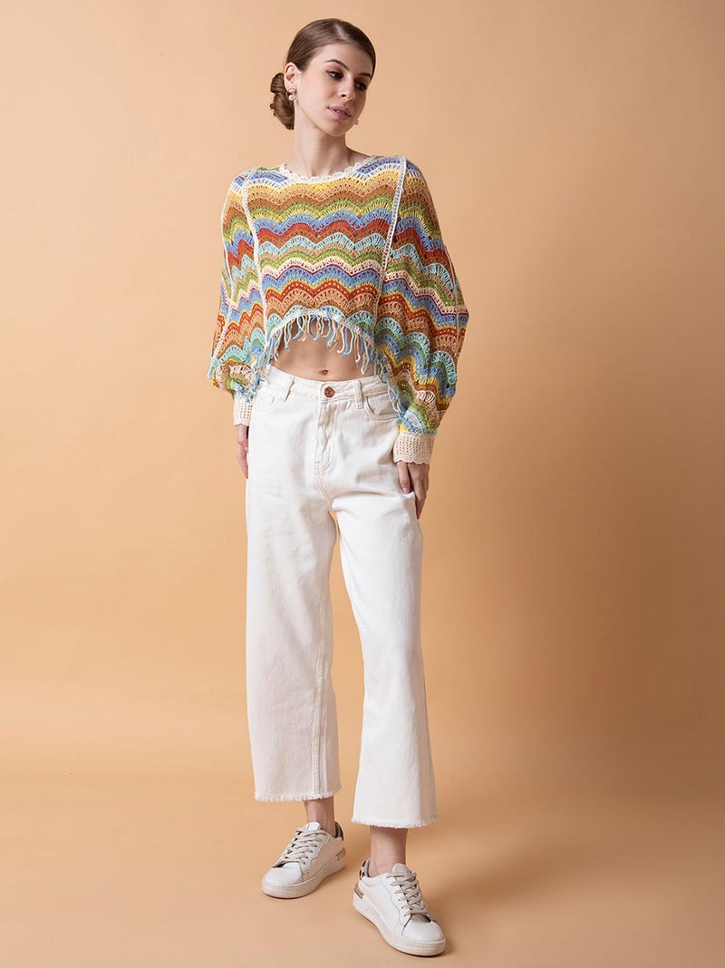 ICW Women Multicolour Hollow Out Batwing Sleeves Crochet Cape Poncho Bohemian Tassel Crop Top Dn13 (Fit to 32-38 Inch Bust) (in, Alpha, S, Regular, Pattern 1) - Image 5