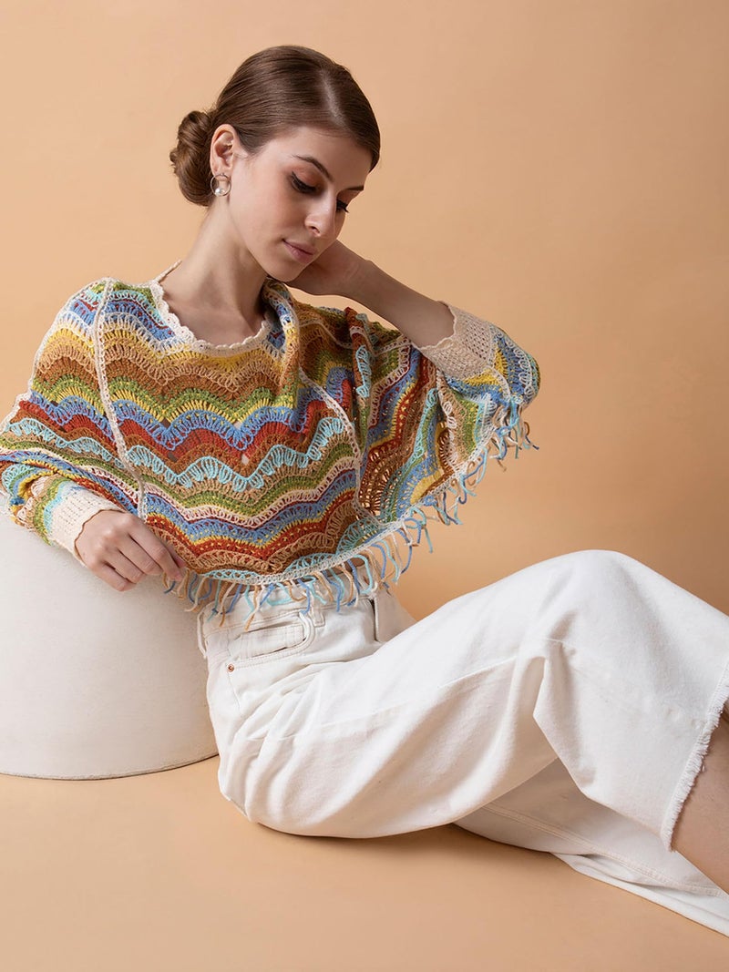 ICW Women Multicolour Hollow Out Batwing Sleeves Crochet Cape Poncho Bohemian Tassel Crop Top Dn13 (Fit to 32-38 Inch Bust) (in, Alpha, S, Regular, Pattern 1) - Image 4