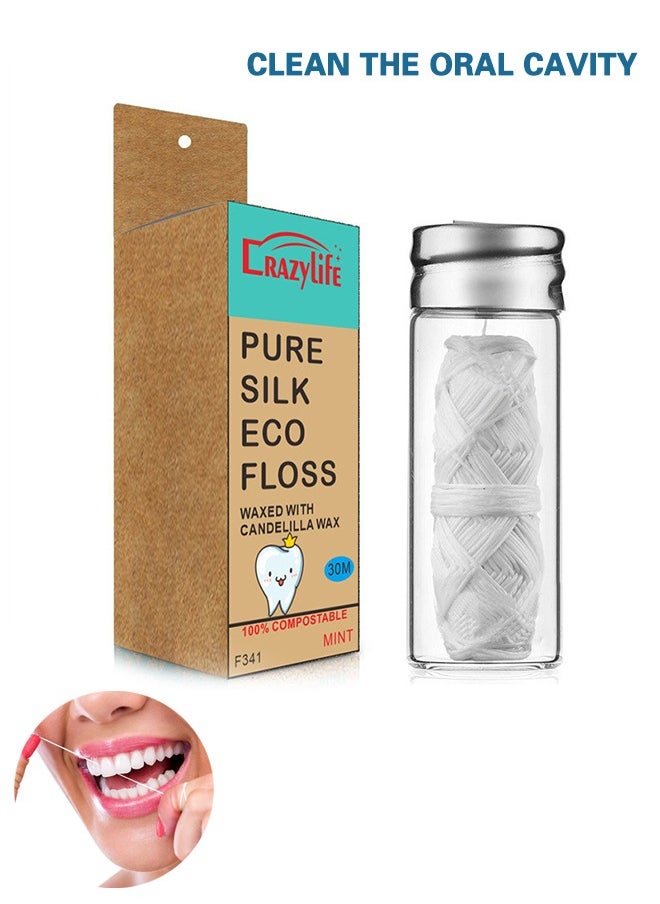 Crazylife Biodegradable Dental Floss with a Refillable Glass Holder, Naturally Waxed with Candelilla Wax, 100% Compostable, 33yds/30m Natural Silk Spoo, Eco-Friendly Zero Waste Oral Care  - Image 1