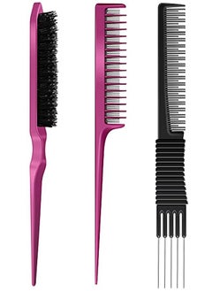Patelai 3 Pieces Pick Teasing Combs Hair Brush Set Includes Black Carbon Lift Teasing Combs With Metal Prong Triple Pin Rat Tail Comb Nylon Bristle Hair Comb Brush For Women (Black Rose Red)  - Image 1