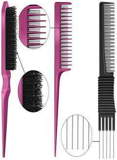 Patelai 3 Pieces Pick Teasing Combs Hair Brush Set Includes Black Carbon Lift Teasing Combs With Metal Prong Triple Pin Rat Tail Comb Nylon Bristle Hair Comb Brush For Women (Black Rose Red)  - Image 3