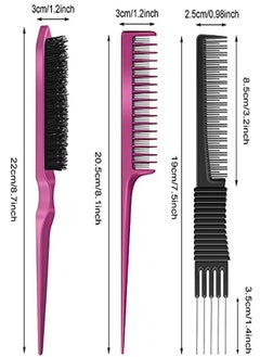 Patelai 3 Pieces Pick Teasing Combs Hair Brush Set Includes Black Carbon Lift Teasing Combs With Metal Prong Triple Pin Rat Tail Comb Nylon Bristle Hair Comb Brush For Women (Black Rose Red)  - Image 2