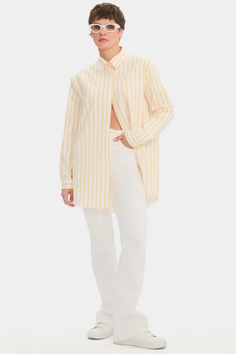 JUNE Women's Oversize/loose Cut 100% Cotton Yellow Striped Shirt