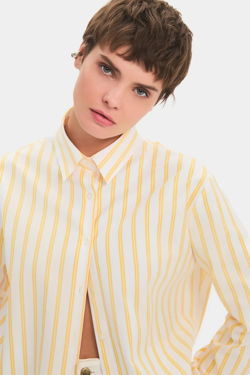 JUNE Women's Oversize/loose Cut 100% Cotton Yellow Striped Shirt