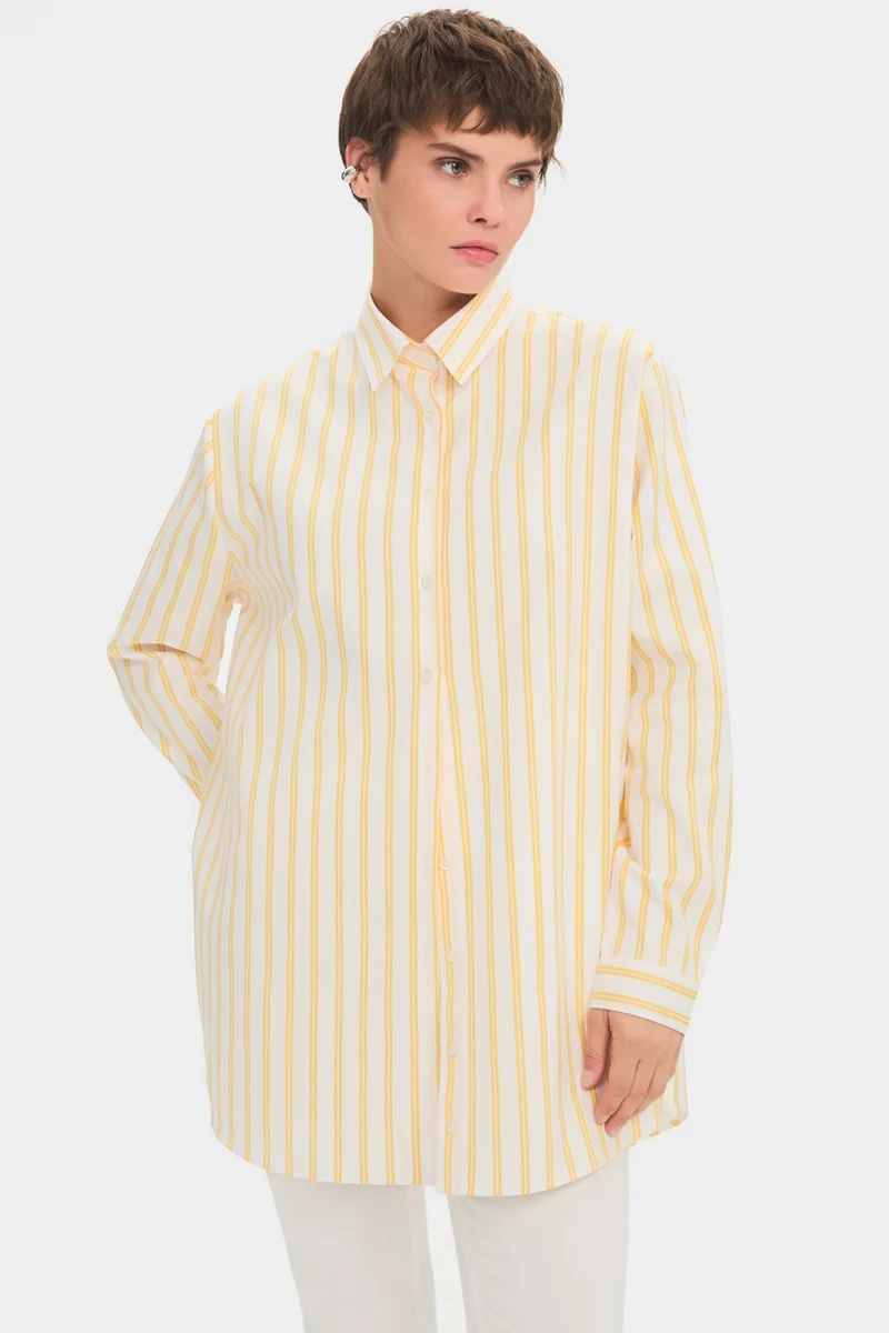 JUNE Women's Oversize/loose Cut 100% Cotton Yellow Striped Shirt