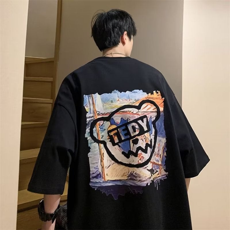 Short-Sleeved T-Shirt Men'S Summer Hong Kong Style Ins Trendy Brand Couple All-Match Loose Plus Size Devil Print Half-Sleeved T-Shirt - Image 2
