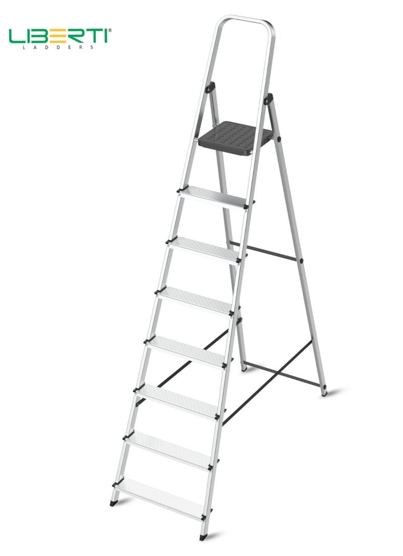 ليبيرتي سلم ليبرتي القابل للطي المصنوع من الألومنيوم ذو 8 درجات، معتمد وفقًا للمعيار الأوروبي EN 131، سلم متين للاستخدامات الشاقة، سعة تحميل 150 كجم، درجات واسعة مانعة للانزلاق، سلم قابل للطي موفر للمساحة للاستخدام المنزلي وأعمال الطلاء والصيانة. - Image 1