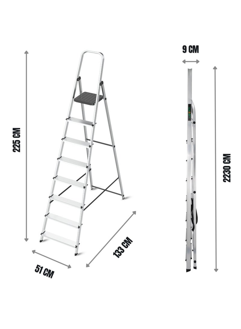 ليبيرتي سلم ليبرتي القابل للطي المصنوع من الألومنيوم ذو 8 درجات، معتمد وفقًا للمعيار الأوروبي EN 131، سلم متين للاستخدامات الشاقة، سعة تحميل 150 كجم، درجات واسعة مانعة للانزلاق، سلم قابل للطي موفر للمساحة للاستخدام المنزلي وأعمال الطلاء والصيانة. - Image 4