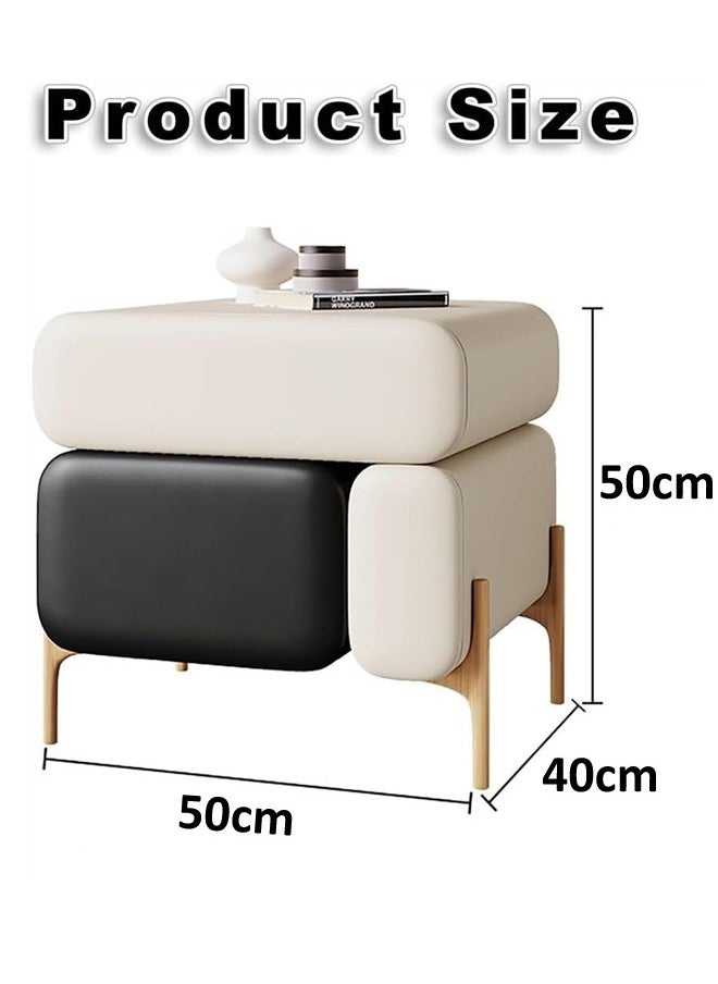 C&C Home - Multipurpose Use 3 Drawers Rounded Corner Nightstand Leather Wrapped Creative Bedside Table Groove Handle Design Side Table with Display Shelf for Living Room Bedroom 50x40x50 cm (Fully Assembled) - Image 1