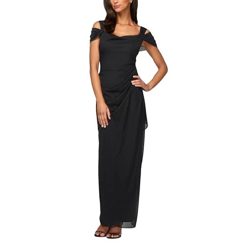 Alex Evenings Women's Long Cold Shoulder Dress, Mother of The Bride, Formal Events, (Petite and Regular Sizes), Black, 12P - Image 5
