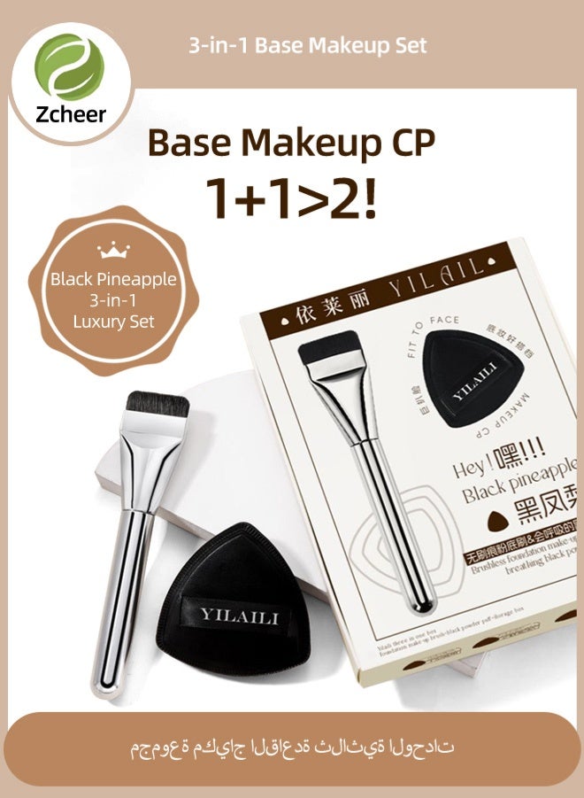 Zcheer Professional Flat Foundation Brush 0.15cm + High-Resilience Makeup Sponge & Storage Case 3-Piece Set – Flawless Base Makeup, 24H Long-Lasting, Wet & Dry Use, Liquid/Cream/Powder Compatible - Image 1