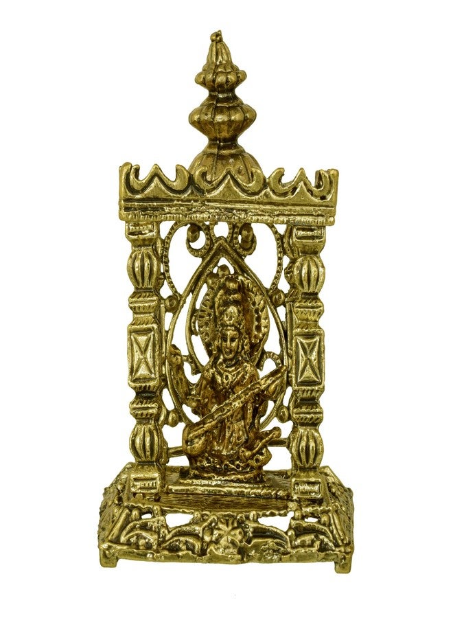 Memoir Gold Plated Brass Antique Finish Saraswati Temple Stand Home Decor Showpiece Hindu God Idol Stand - Image 1