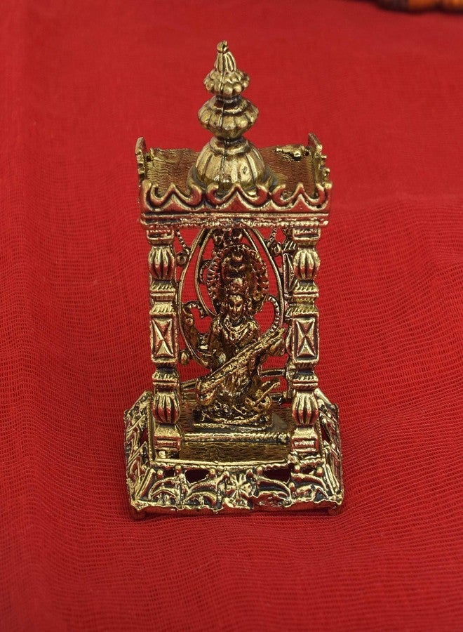 Memoir Gold Plated Brass Antique Finish Saraswati Temple Stand Home Decor Showpiece Hindu God Idol Stand - Image 4