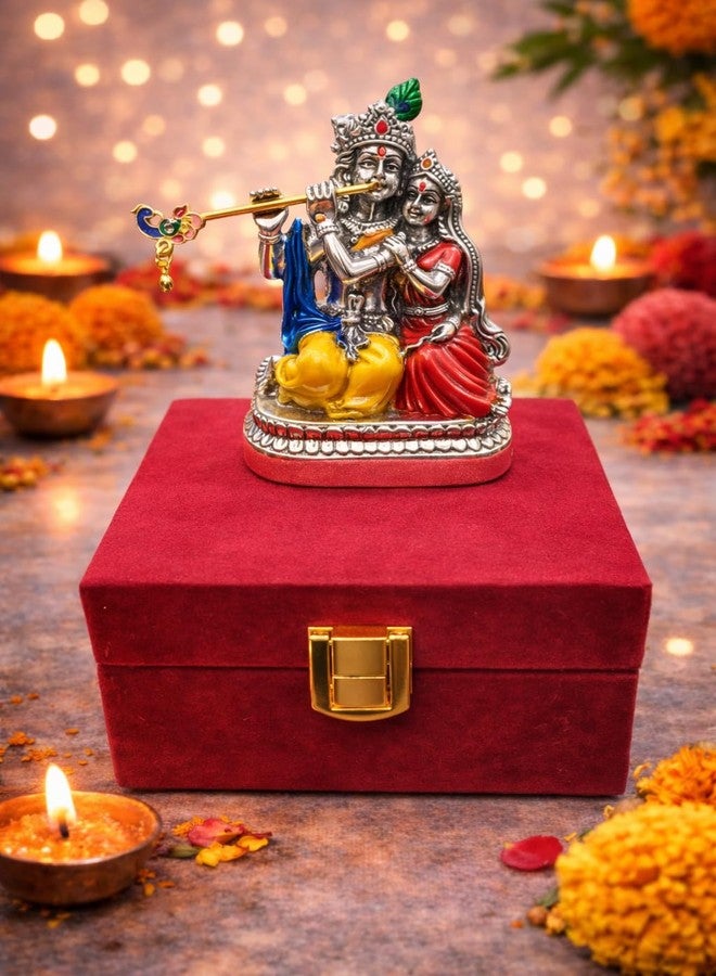 Vinayaka Fab تمثال رادها كريشنا مطلي بالفضة الخالصة عيار 999 من فيناياكا فاب مع علبة مخملية - تمثال كريشنا صغير 3 بوصات | قطعة عرض متعددة الألوان للعبادة المنزلية، مكتب العمل، وهدية (أحمر-أصفر، 8 سم) - Image 2