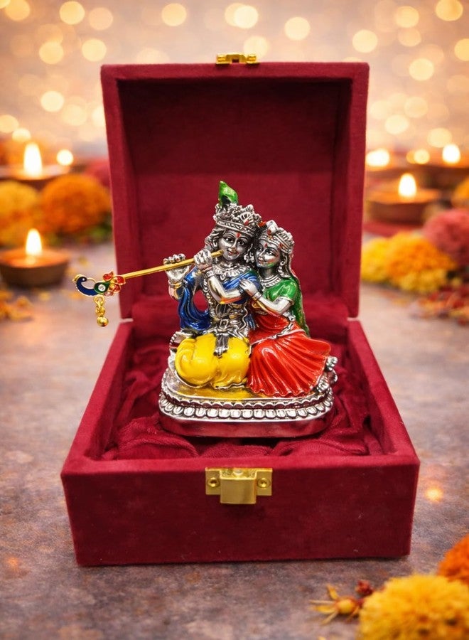 Vinayaka Fab تمثال رادها كريشنا مطلي بالفضة الخالصة عيار 999 من فيناياكا فاب مع علبة مخملية - تمثال كريشنا صغير 3 بوصات | قطعة عرض متعددة الألوان للعبادة المنزلية، مكتب العمل، وهدية (أحمر-أصفر، 8 سم) - Image 1