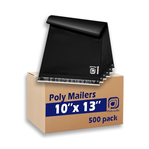 POLYSELLS 500 pcs 10x13 Inches Black Poly Mailers Shipping Envelopes, Strong Adhesive Sealing, Waterproof, and Tear-resistant Postal Mailing Bags for Clothing, Books, and Accessories - Image 1