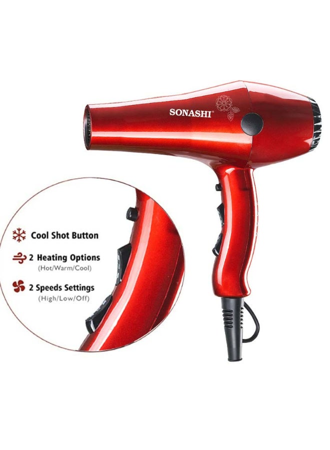 SONASHI Hair Dryer - AC Motor | Cold And Hot Wind - 2 Speed & 4 Heat Airflow Setting | With Cool Shot Button, Ionic Technology For Frizz Free Hair | Stylish/Comfortable/Lightweight Hair Dryer with 2000W Power Black/Glossy Red - Image 5